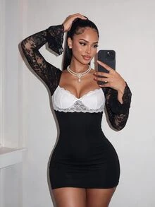 Amplova Women's Elegant Lacy Sexy Colorblock Waist-Cinching Mini Dress Halloween Night Out Date Night Black Autumn - Black and White - View 1