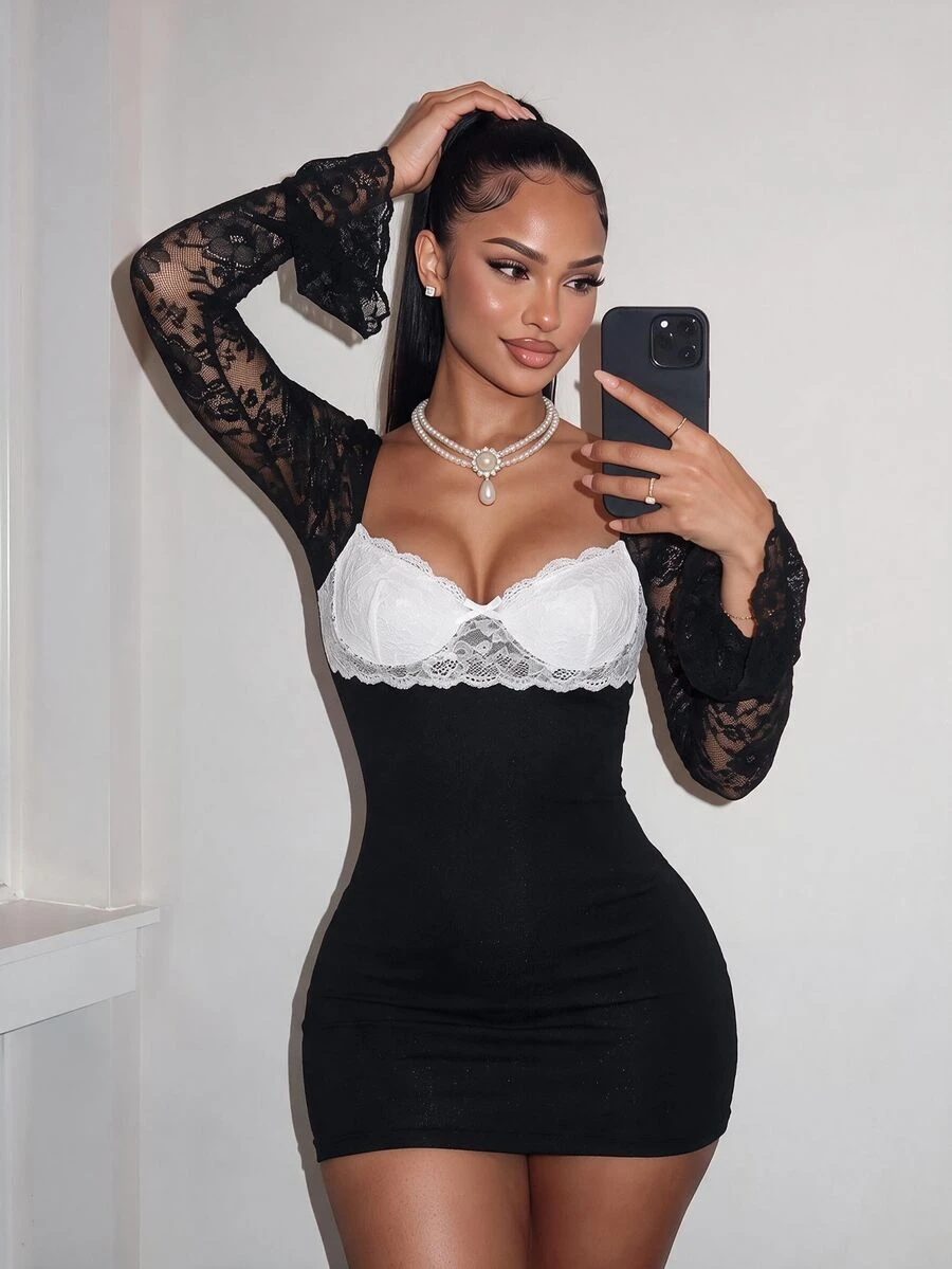 Amplova Women's Elegant Lacy Sexy Colorblock Waist-Cinching Mini Dress Halloween Night Out Date Night Black Autumn - Black and White - View 1