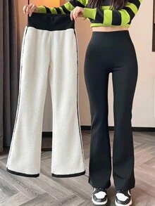 SHEIN 青少年女孩長袖抓絨冬季黑色喇叭褲休閒寬鬆基礎優雅春夏秋時尚校園服飾 - 黑色 - 查看 2