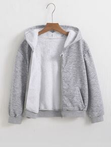 SHEIN 青少年女孩純色拉鍊夾克，附保暖內裡，舒適百搭秋冬外套，適合學校與日常，淺灰色寬鬆街頭風 - 灰色 - 查看 4