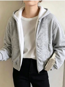 SHEIN 青少年女孩純色拉鍊夾克，附保暖內裡，舒適百搭秋冬外套，適合學校與日常，淺灰色寬鬆街頭風 - 灰色 - 查看 8