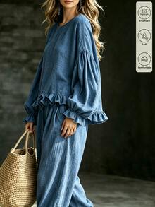 SHEIN Women 2 Pieces Casual Outfit Set,Round Neck Ruffle Hem Lantern Sleeve Top Elastic Cuff Pants Textured Solid Blue Loose Matching Casual All-Match Blue Top - Blue - View 3