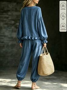 SHEIN Women 2 Pieces Casual Outfit Set,Round Neck Ruffle Hem Lantern Sleeve Top Elastic Cuff Pants Textured Solid Blue Loose Matching Casual All-Match Blue Top - Blue - View 2