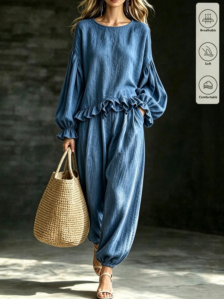 SHEIN Women 2 Pieces Casual Outfit Set,Round Neck Ruffle Hem Lantern Sleeve Top Elastic Cuff Pants Textured Solid Blue Loose Matching Casual All-Match Blue Top - Blue - View 1