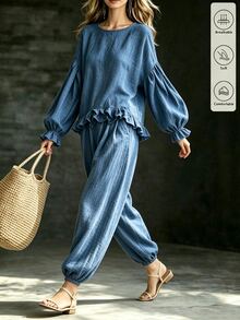 SHEIN Women 2 Pieces Casual Outfit Set,Round Neck Ruffle Hem Lantern Sleeve Top Elastic Cuff Pants Textured Solid Blue Loose Matching Casual All-Match Blue Top - Blue - View 5