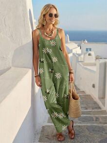 SHEIN LUNE Women's Casual Boho Sage Green Floral Jumpsuit, Versatile Holiday Wear Beach Summer - Multicolor - View 6
