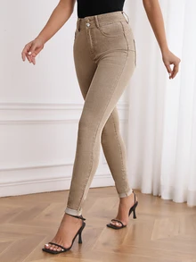 EMERY ROSE High Waist Skinny Jeans - Khaki - View 6