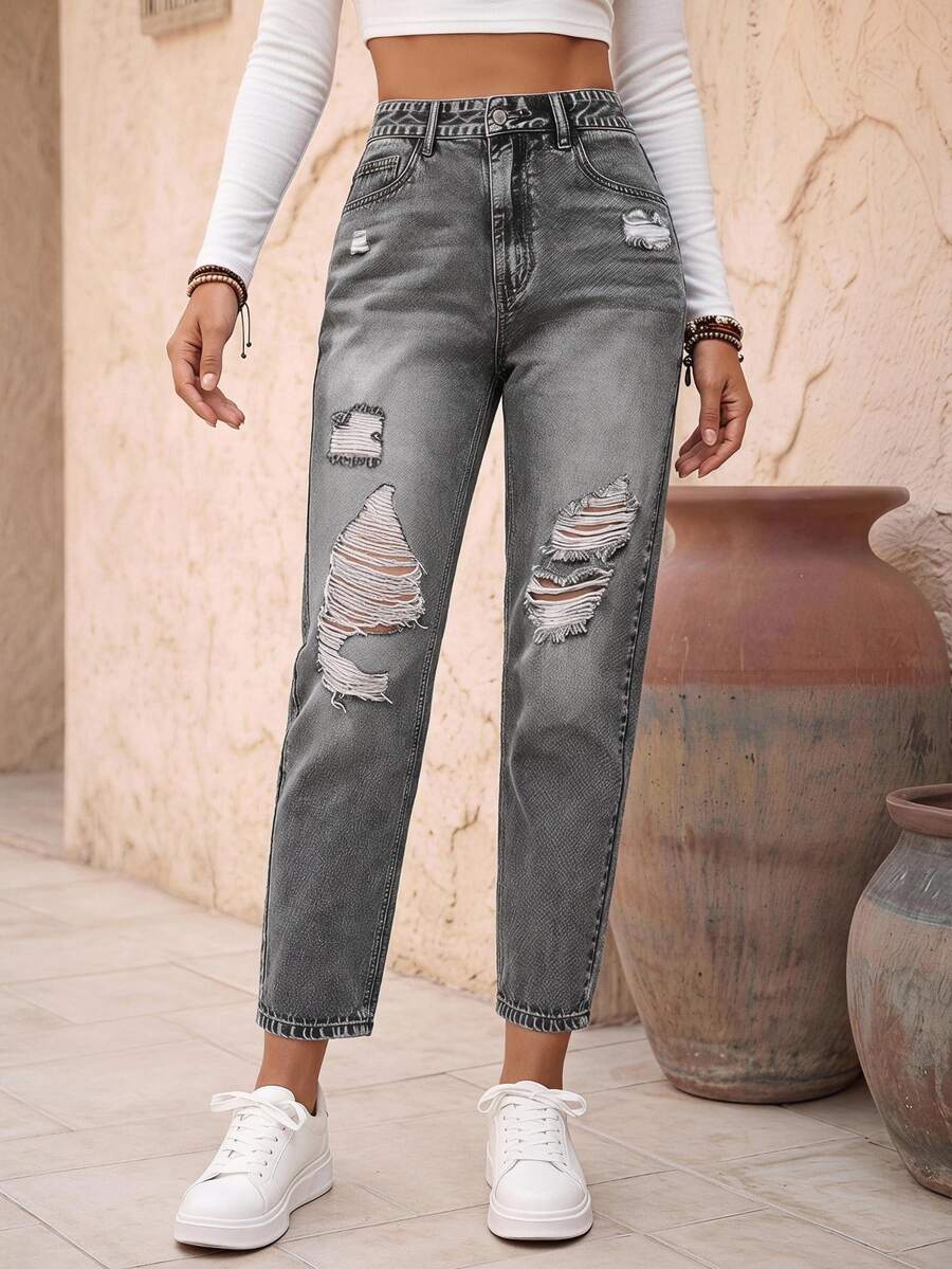 EMERY ROSE Women's Front Button Pocket Distressed Simple Casual Denim Jeans - Grey - View 1