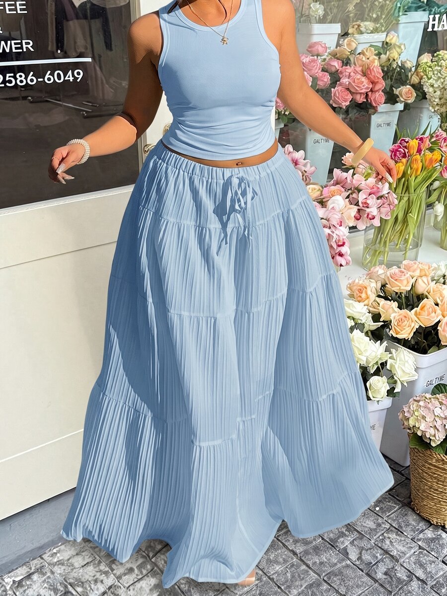 GalTyme Light Blue Round Neck Tank Top And Midi Skirt 2 Pieces Set, Plus Size - Baby Blue - View 1