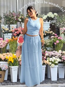 GalTyme Light Blue Round Neck Tank Top And Midi Skirt 2 Pieces Set, Plus Size - Baby Blue - View 5
