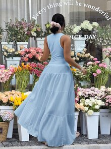 GalTyme Light Blue Round Neck Tank Top And Midi Skirt 2 Pieces Set, Plus Size - Baby Blue - View 2