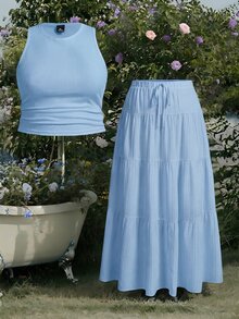 GalTyme Light Blue Round Neck Tank Top And Midi Skirt 2 Pieces Set, Plus Size - Baby Blue - View 6