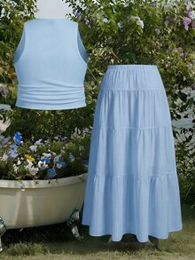 GalTyme Light Blue Round Neck Tank Top And Midi Skirt 2 Pieces Set, Plus Size - Baby Blue - View 7
