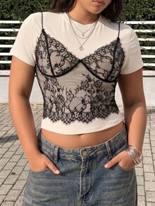 GalTyme 大尺碼夏季性感黑色透視蕾絲細肩帶背心 - 黑色 - 查看 4