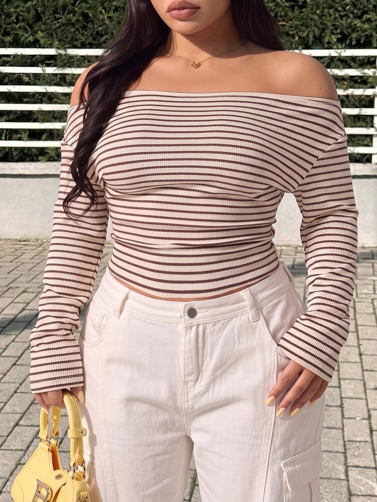 GalTyme Plus Size Women's Striped Asymmetrical Shoulder Long Sleeve Casual T-Shirt Fall - Multicolor - View 6