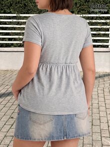 GalTyme 大尺碼女款撞色 2 合 1 短袖時尚 T 恤 - 灰色 - 查看 2