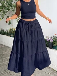 GalTyme 大尺碼女款純色百褶上衣與裙子休閒波西米亞日常兩件套度假海軍藍夏季 - 藏蓝色 - 查看 1