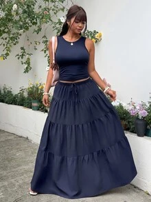 GalTyme 大尺碼女款純色百褶上衣與裙子休閒波西米亞日常兩件套度假海軍藍夏季 - 藏蓝色 - 查看 4