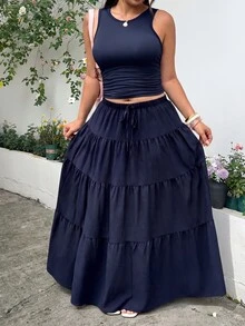 GalTyme 大尺碼女款純色百褶上衣與裙子休閒波西米亞日常兩件套度假海軍藍夏季 - 藏蓝色 - 查看 3