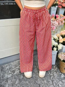 GalTyme Celana Panjang Longgar Motif Kotak-kotak Ukuran Besar dengan Pinggang Elastis untuk Hari Valentine, Musim Gugur - Red and White - View 3