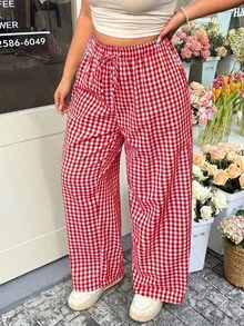 GalTyme Celana Panjang Longgar Motif Kotak-kotak Ukuran Besar dengan Pinggang Elastis untuk Hari Valentine, Musim Gugur - Red and White - View 1