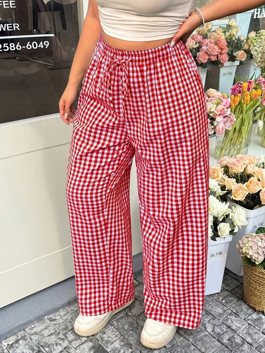 GalTyme Celana Panjang Longgar Motif Kotak-kotak Ukuran Besar dengan Pinggang Elastis untuk Hari Valentine, Musim Gugur - Red and White - View 1