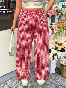 GalTyme Celana Panjang Longgar Motif Kotak-kotak Ukuran Besar dengan Pinggang Elastis untuk Hari Valentine, Musim Gugur - Red and White - View 5