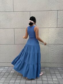 GalTyme 大尺碼女款純色圓領百褶上衣與抽繩腰裙休閒波希米亞風日常度假套裝，淺藍色夏季沙灘穿搭 - 藍色 - 查看 2