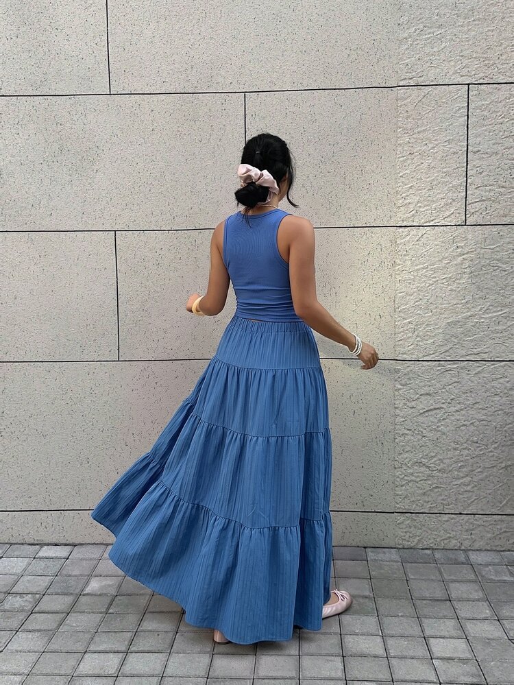 GalTyme Bộ đồ nữ size lớn màu xanh nhạt mùa hè phong cách boho casual, gồm áo cổ tròn xếp ly màu trơn và chân váy eo dây rút, phù hợp mặc hàng ngày, đi du lịch và đi biển - Màu xanh lam - Xem 2