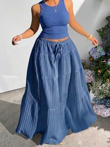 GalTyme 大尺碼女款純色圓領百褶上衣與抽繩腰裙休閒波希米亞風日常度假套裝，淺藍色夏季沙灘穿搭 - 藍色 - 查看 1