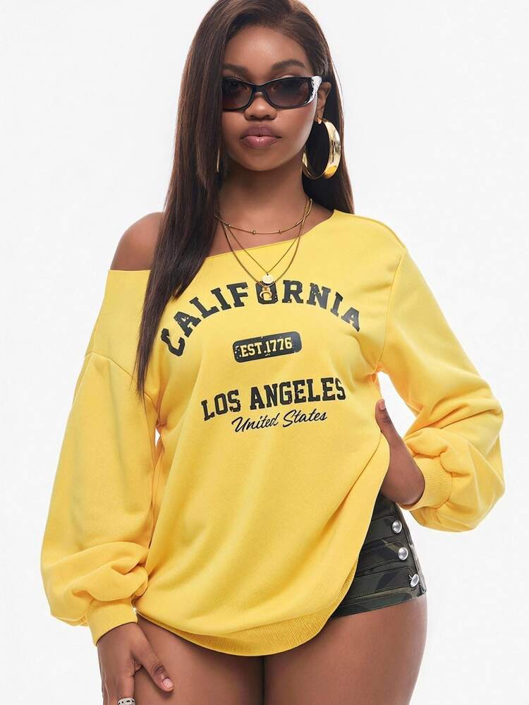 Coolane Women's Fall/Winter Casual Knit Place Name Pattern One Shoulder Sweatshirt - Yellow - View 4