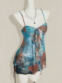 SHEIN ICON Women's Light Blue Floral Floral Print Mesh Camisole Tank Top, Casual Boho Vacation Style Going Out Vacation Summer - Multicolor - View 6