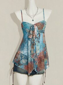 SHEIN ICON Women's Light Blue Floral Floral Print Mesh Camisole Tank Top, Casual Boho Vacation Style Going Out Vacation Summer - Multicolor - View 3