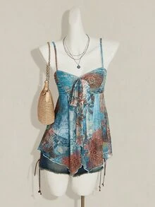 SHEIN ICON Women's Light Blue Floral Floral Print Mesh Camisole Tank Top, Casual Boho Vacation Style Going Out Vacation Summer - Multicolor - View 4