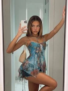 SHEIN ICON Women's Light Blue Floral Floral Print Mesh Camisole Tank Top, Casual Boho Vacation Style Going Out Vacation Summer - Multicolor - View 9