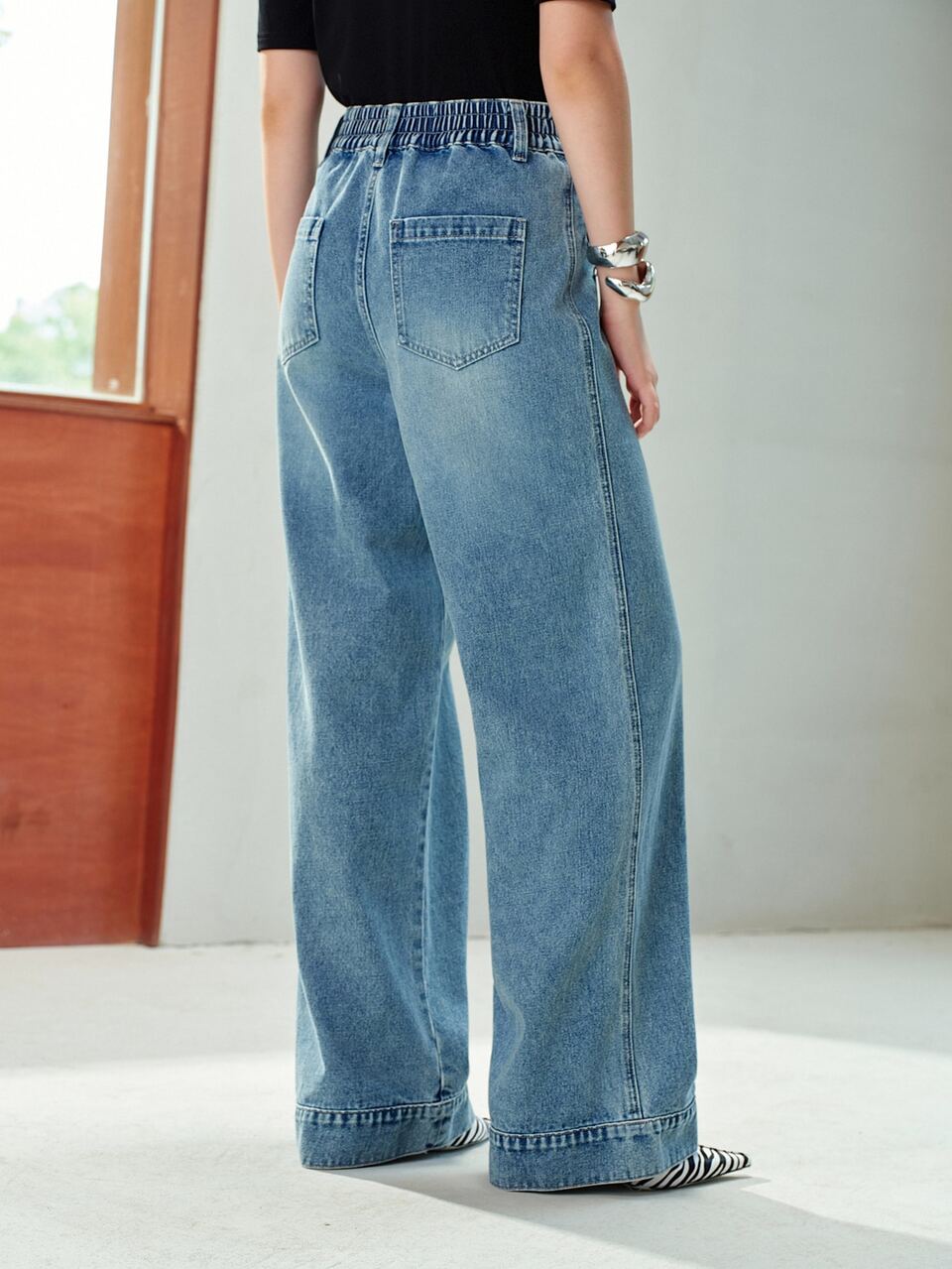 MOTF SPRING/SUMMER ELEGANT COMMUTE & DATE FASHION HIGH-END WASHED DENIM FABRIC WOVEN POCKET HIGH-WAIST WIDE-LEG BLUE JEANS