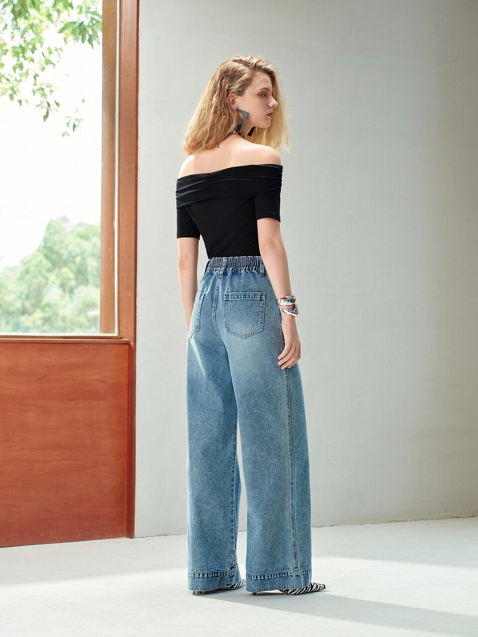 MOTF SPRING/SUMMER ELEGANT COMMUTE & DATE FASHION HIGH-END WASHED DENIM FABRIC WOVEN POCKET HIGH-WAIST WIDE-LEG BLUE JEANS