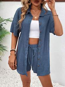 SHEIN Holidaya Women\ Cardigan Collared Button-Up Shirt And Tie Knot Shorts 2-Piece Set Short Sets Summer - Blue - View 6
