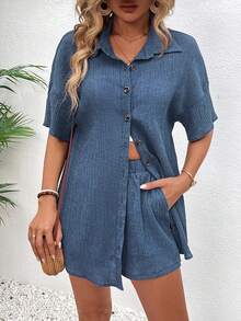 SHEIN Holidaya Women\ Cardigan Collared Button-Up Shirt And Tie Knot Shorts 2-Piece Set Short Sets Summer - Blue - View 5