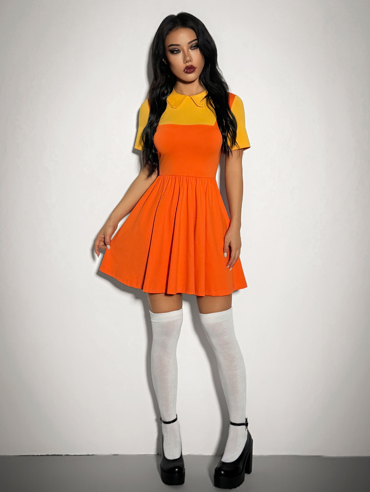 SHEIN ICON Women's Halloween Cosplay Squid Orange-Yellow Peter Pan Retro Colorblock A-Line Costume Goth Cosplay Colorblock Patchwork Mini Dress For Costume Play - Multicolor - View 3