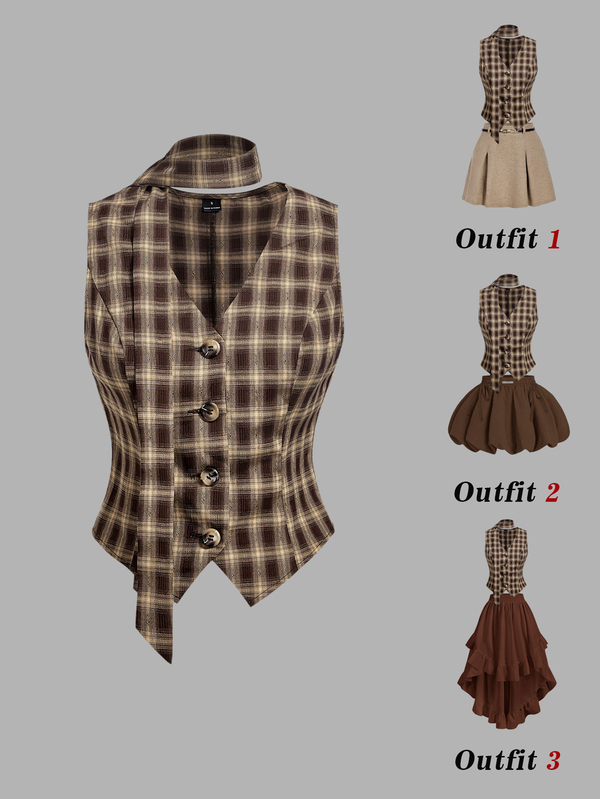 SHEIN MOD جاكيت صدرية عتيقة برقبة على شكل حرف V وشريط منقوش