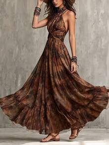 Glimmora Women's Fashion Knot Detail Extra Long Chiffon Gradient Print Oversized Flare Dress - Brown - View 4
