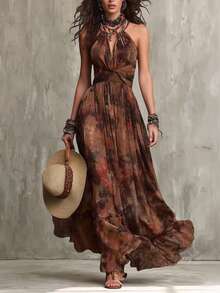 Glimmora Women's Fashion Knot Detail Extra Long Chiffon Gradient Print Oversized Flare Dress - Brown - View 3