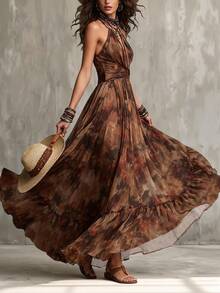 Glimmora Women's Fashion Knot Detail Extra Long Chiffon Gradient Print Oversized Flare Dress - Brown - View 5