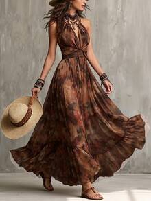 Glimmora Women's Fashion Knot Detail Extra Long Chiffon Gradient Print Oversized Flare Dress - Brown - View 6