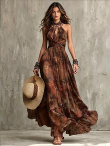Glimmora Women's Fashion Knot Detail Extra Long Chiffon Gradient Print Oversized Flare Dress - Brown - View 1