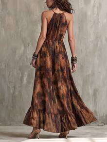 Glimmora Women's Fashion Knot Detail Extra Long Chiffon Gradient Print Oversized Flare Dress - Brown - View 2