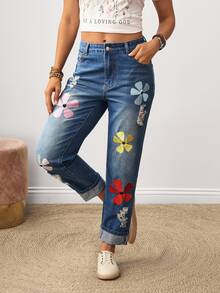 EMERY ROSE Women's Floral Embroidery Pockets Casual Straight Leg Jeans - Blue - View 5