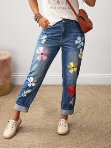 EMERY ROSE Women's Floral Embroidery Pockets Casual Straight Leg Jeans - Blue - View 2