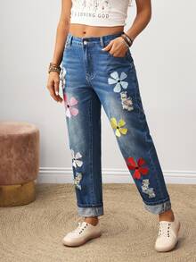 EMERY ROSE Women's Floral Embroidery Pockets Casual Straight Leg Jeans - Blue - View 6